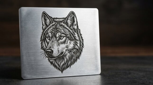 Detailed wolf head engraving on brushed metal surface