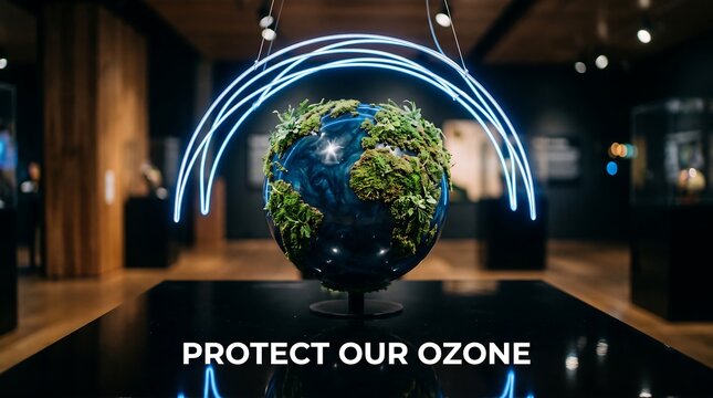 Earth Globe Display with Moss and Blue Neon Atmosphere