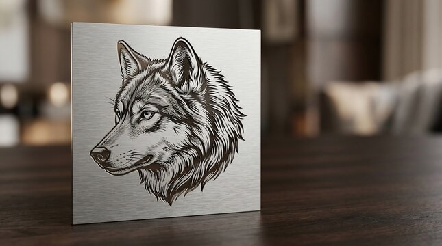 Detailed wolf head illustration on metallic surface indoor setting