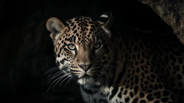 Close-up of jaguar face emerging from shadow, dramatic natural lighting highlighting fur patterns and whiskers, intense eye contact