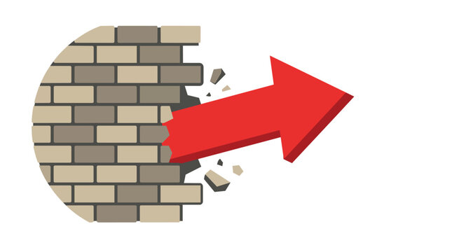 Red arrow breaking through brick wall barrier flat vector illustration for business success and obstacle overcoming concepts