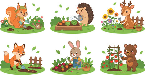 Fototapeta premium Cute Woodland Animals Gardening Vector Illustration Set with Friendly Forest Characters Planting Seeds, Watering Vegetables, and Harvesting Crops for Kids Book Designs