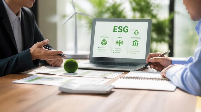 Two professionals meticulously analyze sustainable investment strategies and environmental, social, and governance criteria displayed on a laptop screen, promoting corporate responsibility