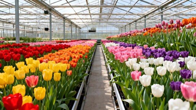 Modern Tulip Greenhouse with Vibrant Blooming Flowers
