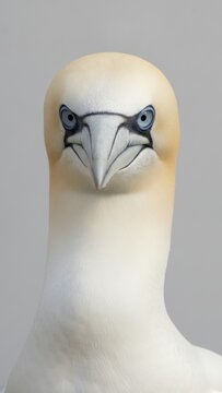 Close-up front portrait of a Northern Gannet with piercing blue eyes