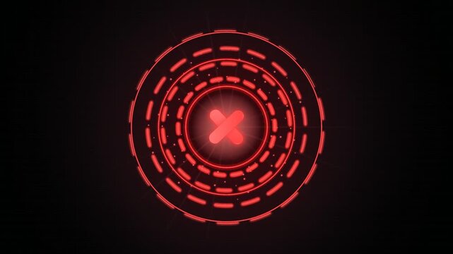 Glowing Red Error Cross Symbol with Futuristic HUD Security Rings