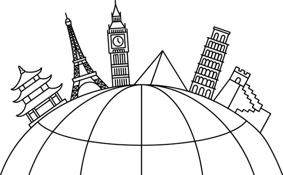Black and white line art illustration of world travel landmarks on a globe.