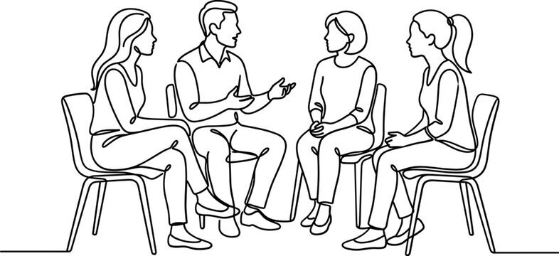 Group therapy session with four people sitting in chairs in a continuous line drawing.
