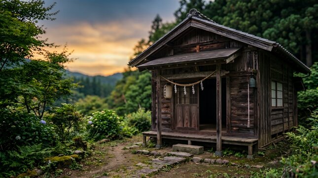 Peaceful Ancient Japanese Wooden Shrine Building Nestled in a Lush Forest at Sunset