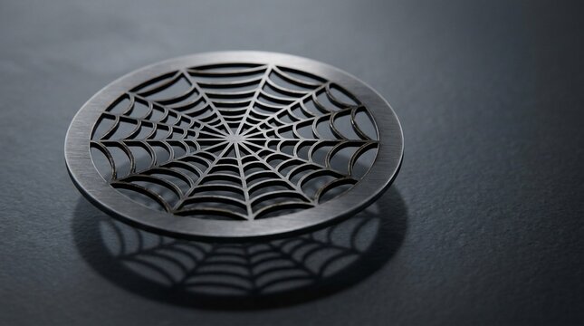 Intricate spiderweb patterned metal drain cover reflecting on surface