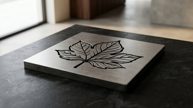 Maple leaf etched on metal square surface close up