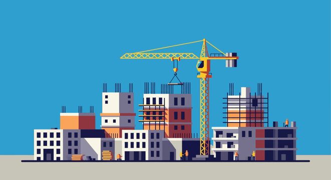 Construction site with tower crane and buildings under development flat vector illustration
