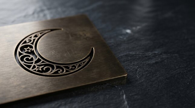 Ornate crescent moon symbol carved on metallic surface