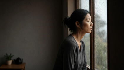 Fototapeta premium Woman contemplating by sunlit window in moody indoor portrait