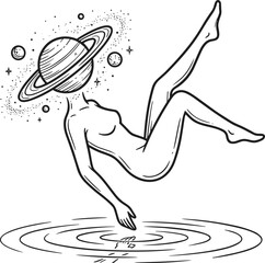Surreal line art illustration of a woman with a Saturn planet head reaching towards water ripples. © Kasut