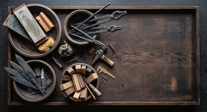 Top down view of Japanese knife forging blacksmith tools on cedar wood