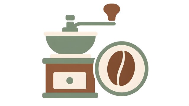 Vintage Manual Coffee Grinder with Coffee Bean Icon in Minimalist Flat Vector Style Isolated on White Background, Hand Crank Coffee Mill Illustration for Cafe and Brewing Design