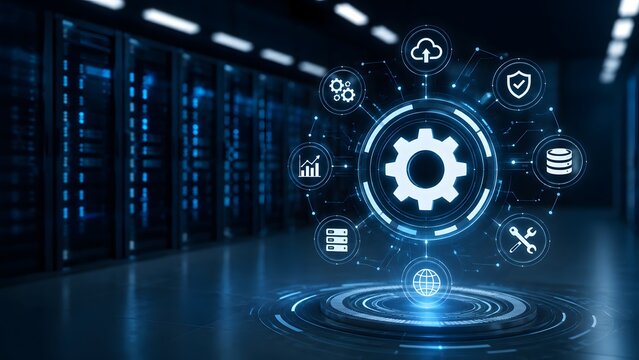 IT infrastructure system configuration gear icon hologram in modern data center server room visualizing cloud computing automation network security
