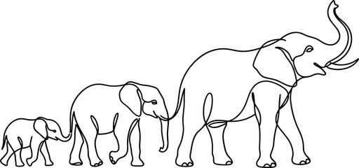 Continuous line art of an elephant family walking together. © zoro0