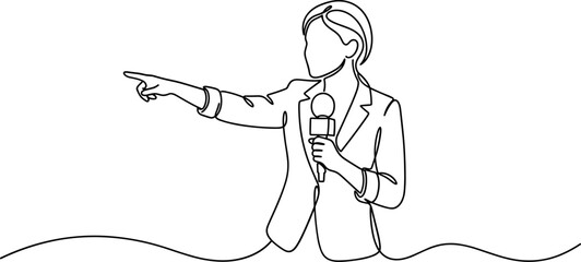 Fototapeta premium Continuous one line drawing of a female news reporter holding a microphone.