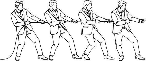 Continuous line drawing of four businessmen pulling a rope together. © acehair