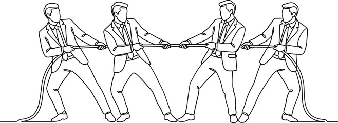 Continuous line drawing of businessmen pulling a rope in a tug of war competition. © Merah