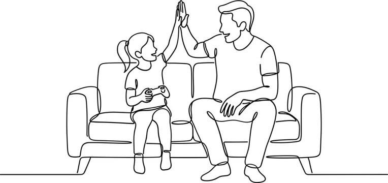 Continuous line drawing of father and daughter giving a high five on a sofa.