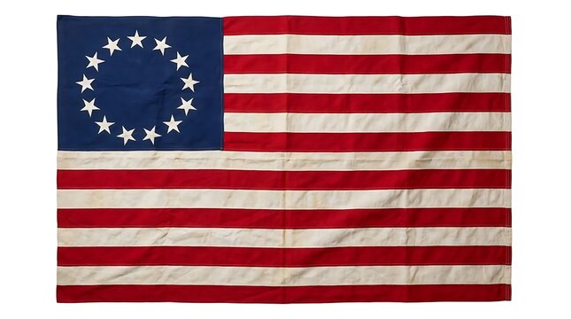 A vintage style Betsy Ross flame-13 colonies flag with thirteen white stars arranged in a circle on a blue field and alternating red and white stripes