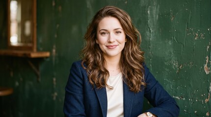 Fototapeta premium Professional woman in a blazer smiling against a rustic green wall with business professional portrait corporate