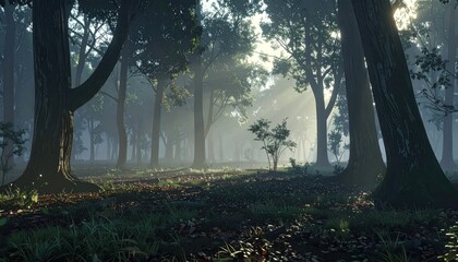Obraz premium Sunbeams through trees in misty morning forest.