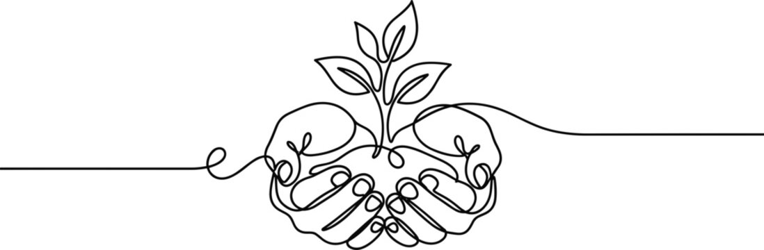 Continuous line drawing of cupped hands holding a small growing plant sprout.