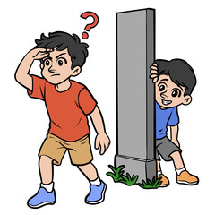 Cute cartoon boys playing hide and seek game. One boy hiding behind a pillar while the other boy looks around confused with a question mark. Isolated illustration on transparent background