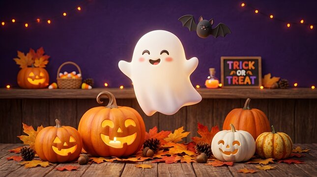 Charming halloween scene with ghost pumpkins and bat festive 3d render for holiday decorations