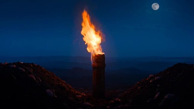 Industrial Gas Flare Burning Brightly Against Night Sky and Moon.
