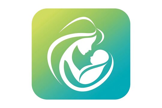 Minimalist motherhood icon featuring a stylized silhouette of a parent holding a newborn baby infant