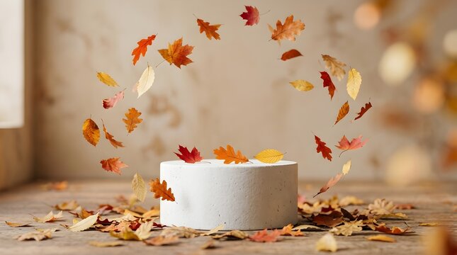 Autumnal display floating leaves around a concrete pedestal for product showcase or seasonal decoration