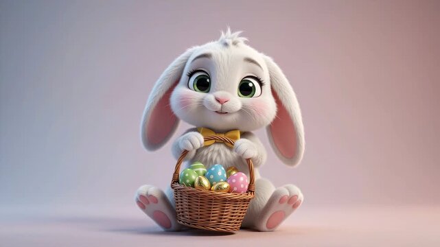 Cute white bunny holding a basket of colorful easter eggs