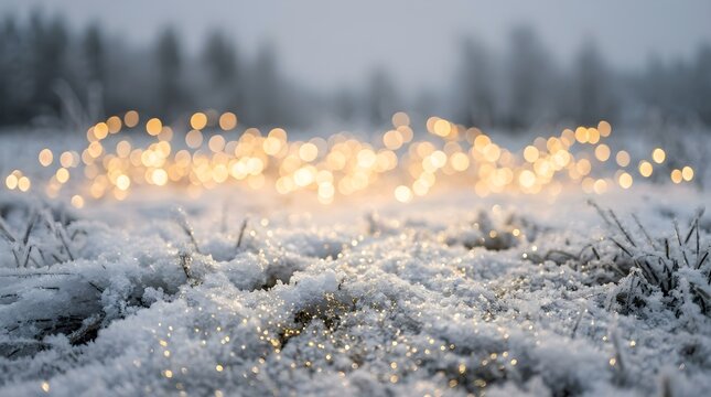 Winter wonderland bokeh sparkling lights in a snowy field with blurred forest backdrop