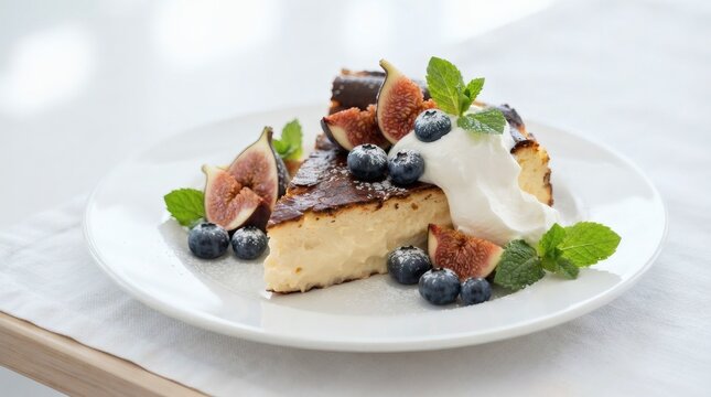 Close Up Creamy Basque Burnt Cheesecake Caramelized Top Fresh Figs Blueberries

