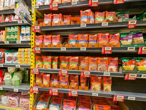 Quebec, Canada, 16 May 2026 : Various Ben's Original rice and Knorr pasta products are stocked on shelves in a grocery store.