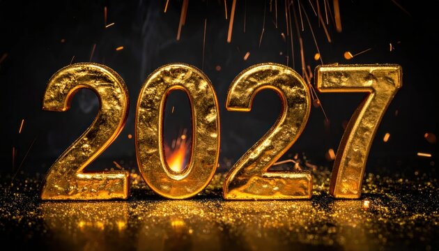 Textured gold 2027 numerals with glowing holiday sparks