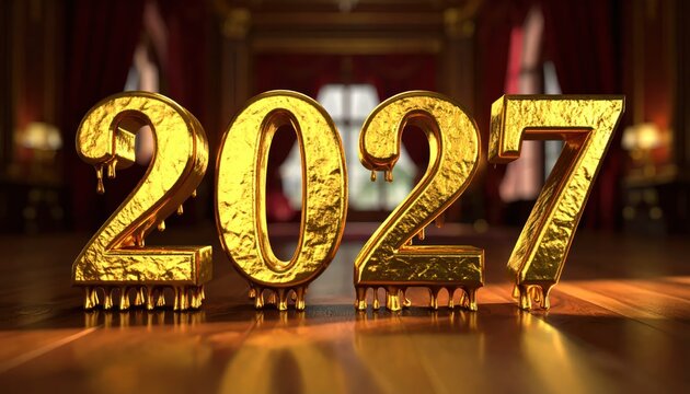 Textured gold 2027 numbers with melting effect in ballroom.