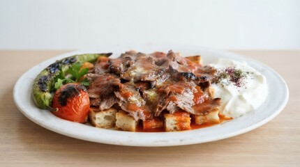 Fototapeta premium Close Up Turkish Iskender Kebab Sliced Lamb Pita Tomato Butter Sauce Yogurt