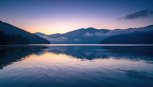Tranquil lake water surface reflecting distant blue mountains.