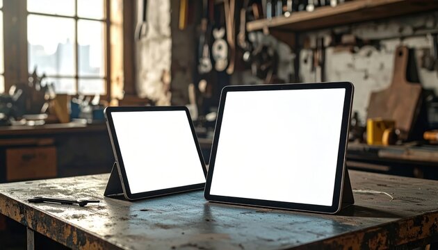 Two blank tablets on rustic wooden workshop workbench.