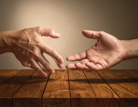 Two hands reaching to meet over wooden grain background.