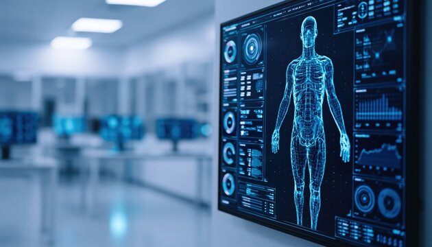 Medical technology showing a digital human anatomy hologram for health care science