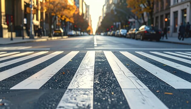 Urban street perspective with zebra crosswalk at sunset.