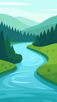 Vector illustration of a winding river through mountain valley.