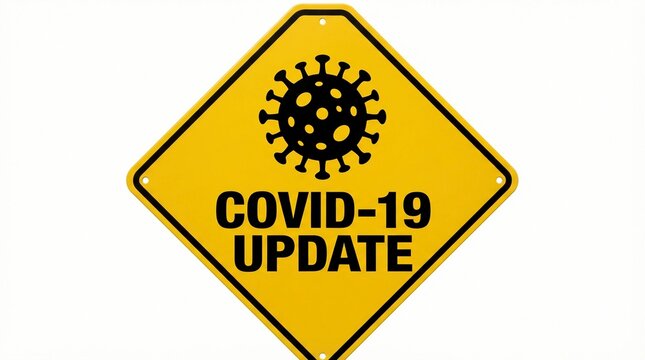 Bright yellow diamond shaped warning sign featuring a bold black virus icon and the clear text covid 19 update isolated against a plain white background